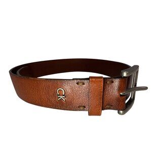 Vintage Calvin Klein Mens Leather Belt Sz 32 Brown Logo AgedPatina Supple Boho